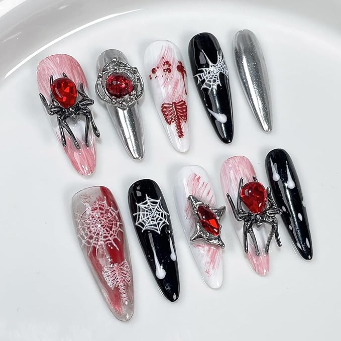 10Pcs Halloween Handmade Press on Nails Long Almond Fake Nails 3D Star Spider False Nails with Y2k Gothic Design Silver Glitter Stick on Nails Black Full Cover Artificial Glue on Nail for Women DIY