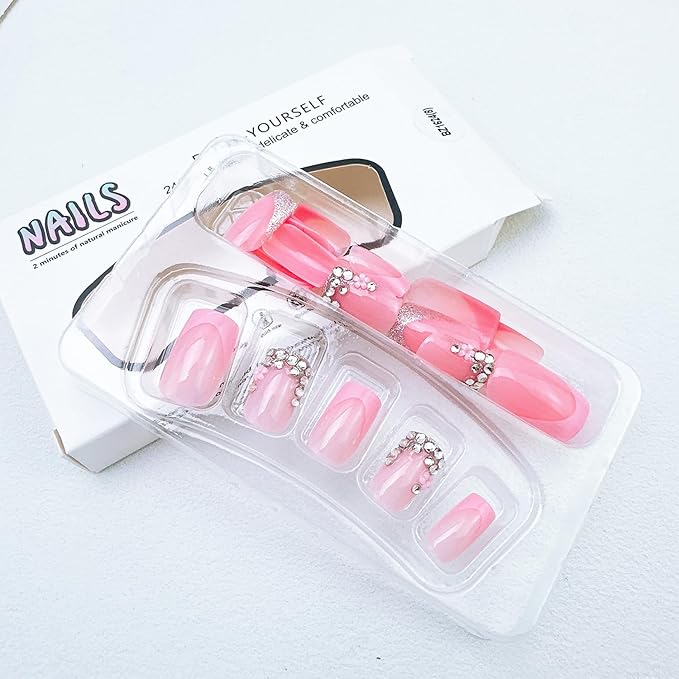 24pcs Pink French Tip Press on Nails Short Fake Nails with 3D Flower Rhinestones Square Nail Tips Designs Silver Glitter Stick on Nails French False Nails Full Cover Glossy Glue on Nails for Women