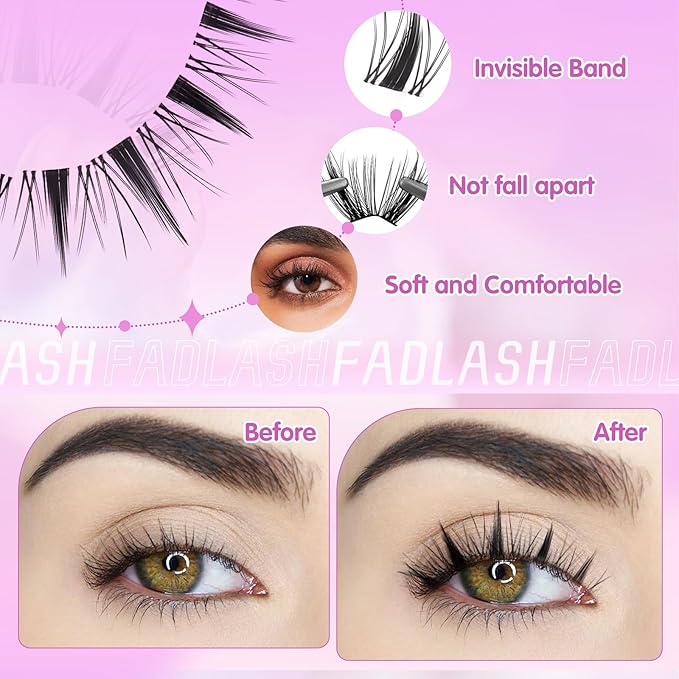 FADLASH Lash Clusters Volume Fluffy Eyelash Clusters 8-16mm DIY Cluster Eyelash Extensions with Soft Thin Band Reusable Individual Lashes for Self Use
