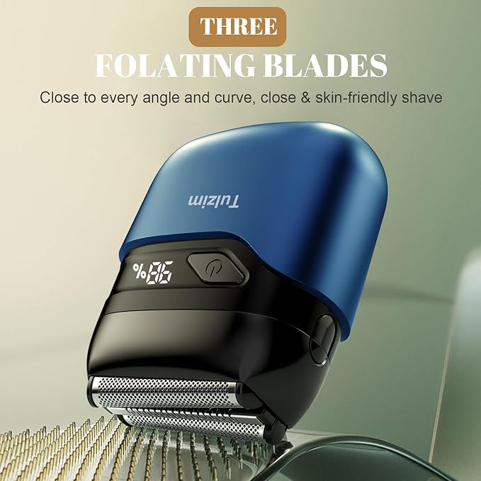 Electric Foil Shaver for Men: Portable Electric Razor for Beard/Face - 3 Floating Blade LED Display USB-C Fast Rechargeable - IPX7 Waterproof for Travel & Home - Blue