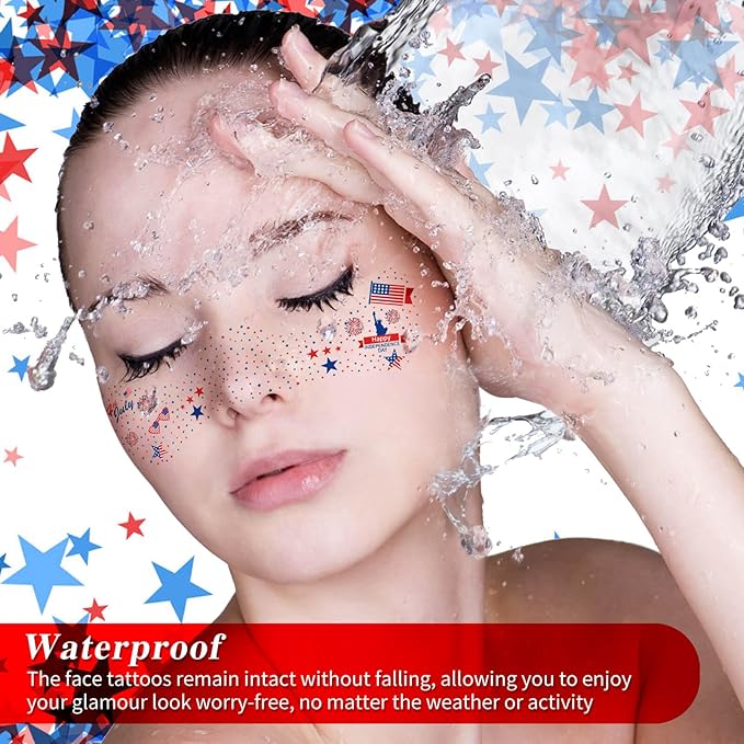 MEICOLY 4th of July Glitter freckles,USA Face Glitter Star Stickers Temporary Freckles Tattoos,Fourth of July Red White Blue Accessories,8 Face Glitter Freckles +13 Temporary Tattoos