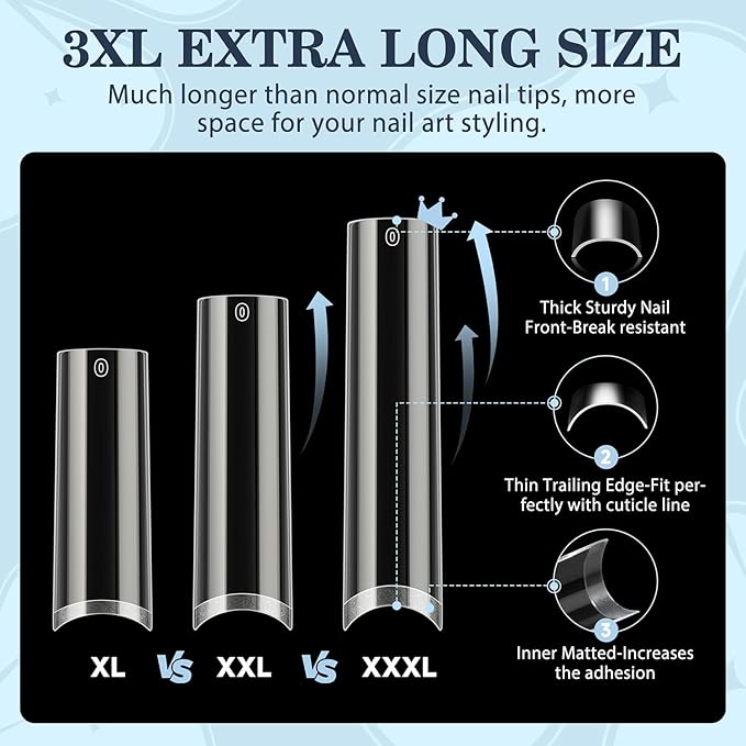 3XL No C Curve Square Acrylic Nail Tips, 120pcs Extra Long Straight Tapered Acrylic Gel Fake Nails, Matte Half Cover Clear Gelly Press on for Extension Manicure Home DIY 12 Sizes Gelly Tips