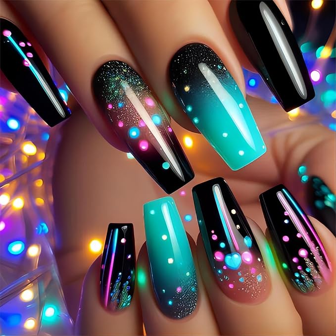 Coffin Press on Nails Long Stick on Nails Black False Nails with Design Artificial Nails for Women 24pcs