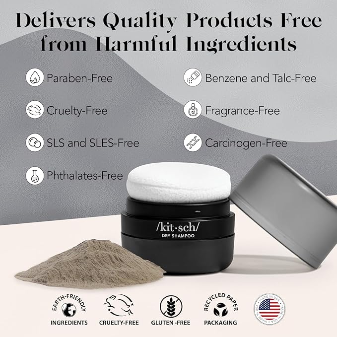 Kitsch Dry Shampoo Powder for Women & Men Dry Shampoo for Dark Hair w/Rice Protein - Unscented, Volumizing, No White Cast, Non Toxic, Non Aerosol, Organic, Paraben & Benzene Free, Travel Size - 8g