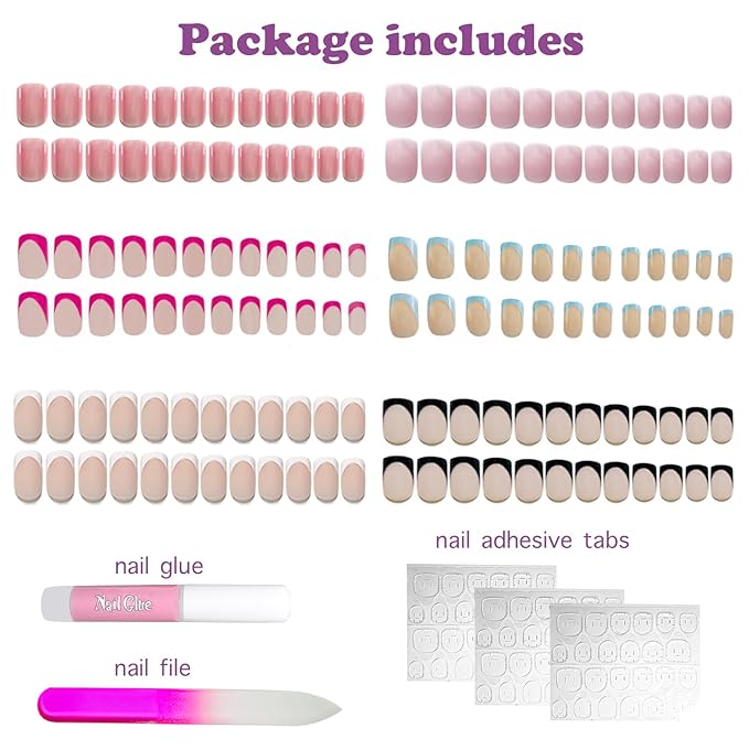 6 Packs 144Pcs French Tip Press on Nails Short, Jsiallye Short Square Fake Nails Glue on Nails Kits with Adhesive Tabs Nail File for Women Press on Nails