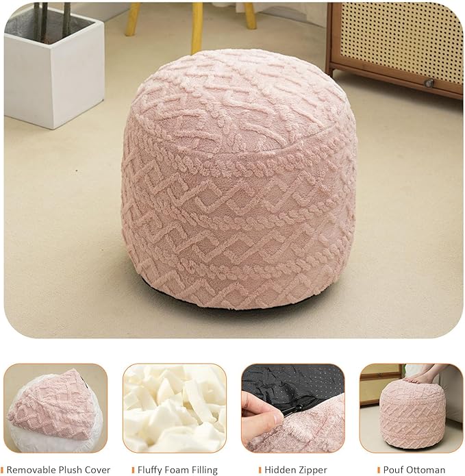 Round Stuffed Pouf Ottoman, Corduroy Poufs with Foam Chunk Filling, Furry and Fluffy Pouf Foot Stool Storage Pink 26"