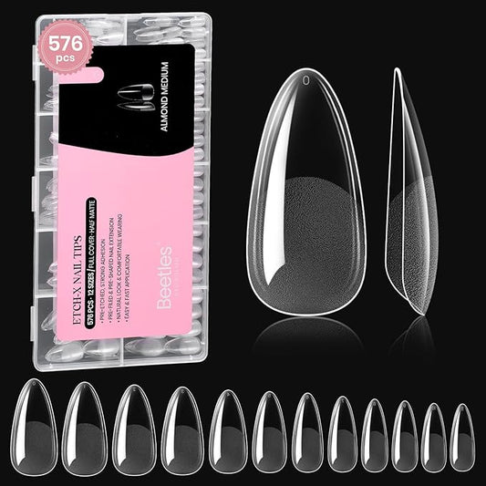 Beetles Medium Almond Nail Tips 576pcs 12 Sizes, Pre-Etched Soft Gel Nail Tips Half Matte Full Cover Press on False Nail Tips Clear Acrylic Nails Glue on Nails DIY Nail Extension Gift for Women