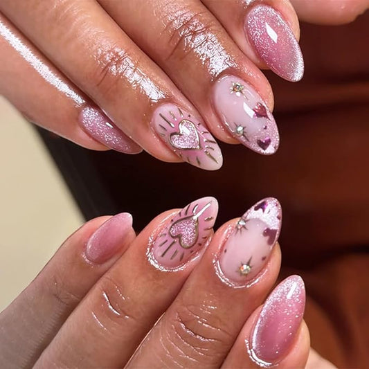 IMRAIN Press on Nails Medium Almond Fake Nails Pink Cat's Eye False Nails with Heart Designs Glossy Full Cover Glue on Nails Cute Acrylic Glitter Stick on Nails for Women Girls 24Pcs