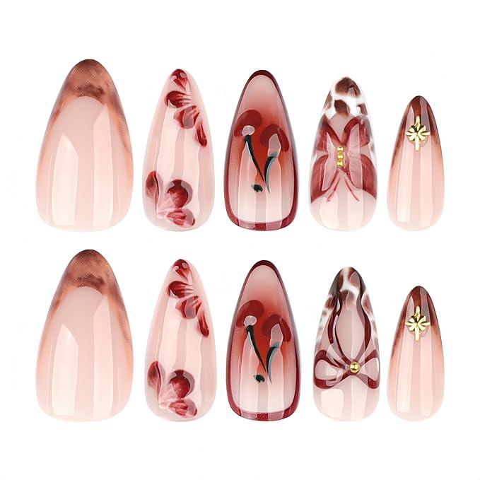 24Pcs Wine Red Cherry Press on Nails Medium Almond Fake Nails with 3D Flowers Rhinestones Designs False Nails Brown Leopard French Artificial Acrylic Full Cover Stick on Nails for Women Manicure