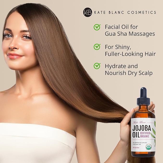 Kate Blanc Cosmetics Jojoba Oil for Softer Hair & Smoother Skin. Gua Sha Oil for Face & Dermaplaning (2oz, Organic, 100% Pure, Natural)