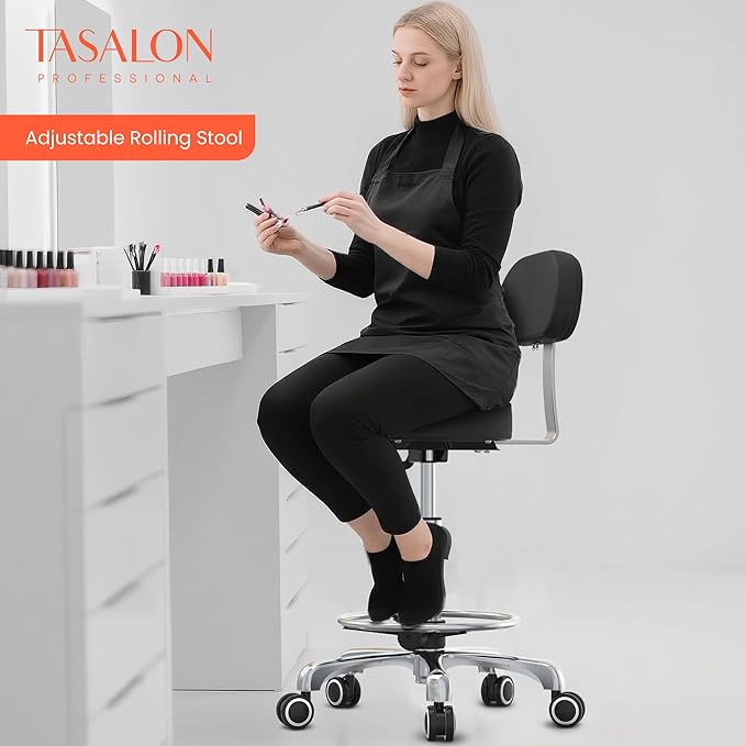 TASALON Professional Rolling Stool Chair, PU Leather Seat with Backrest,Height Adjustable, Swivel Metal Feet, Salon Spa Tattoo Massage Home Office Swivel Stool Chair Black