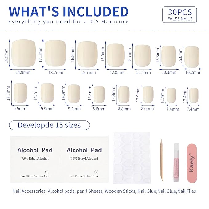 Short Press On Nails Square – 30PCS Glossy Creamy White Shade Fake Nails, Minimalist Acrylic Stick On Nails Kit with Glue & Tools, Natural False Nails for Everyday Wear
