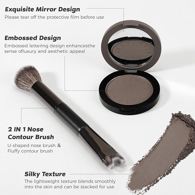 Cool Toned Contour Palette with 2 IN 1 Nose Contouring Brush & Mirror, 【Delicate Texture】【Multi-Purposes & Buildable】【Long Lasting】, Grey Contour Powder Suitable for Cool Toned Fair Skin