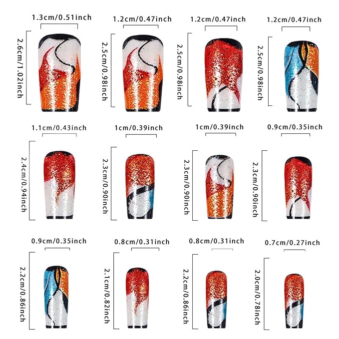 Black French Tips Press on Nails Curve Line Stick on Nails Medium Square Acrylic Full Cover False Nails Glossy Colorful Glitter Fake Nails 24Pcs Fire Pattern Gel Glue on Nails for Coquette Women Girls