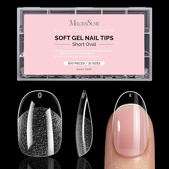 MelodySusie Short Oval Round Almond X Nail Tips - 300Pcs Clear Acrylic,Half Matte Full Cover Press on Nails for DIY Extension & Salon Use,15 Sizes Pre-Shaped for Long-Lasting Manicure