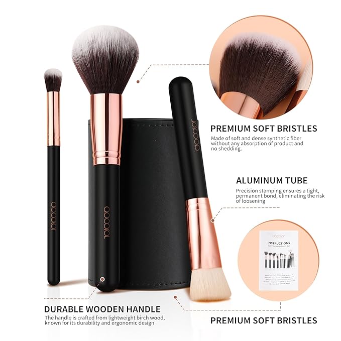 docolor Makeup Brush Set Professional, 15 PCS Black Wood Handle Makeup Brushes, Premium Cruelty-Free Synthetic Fiber Hair, Travel Make up Brushes Set with Case