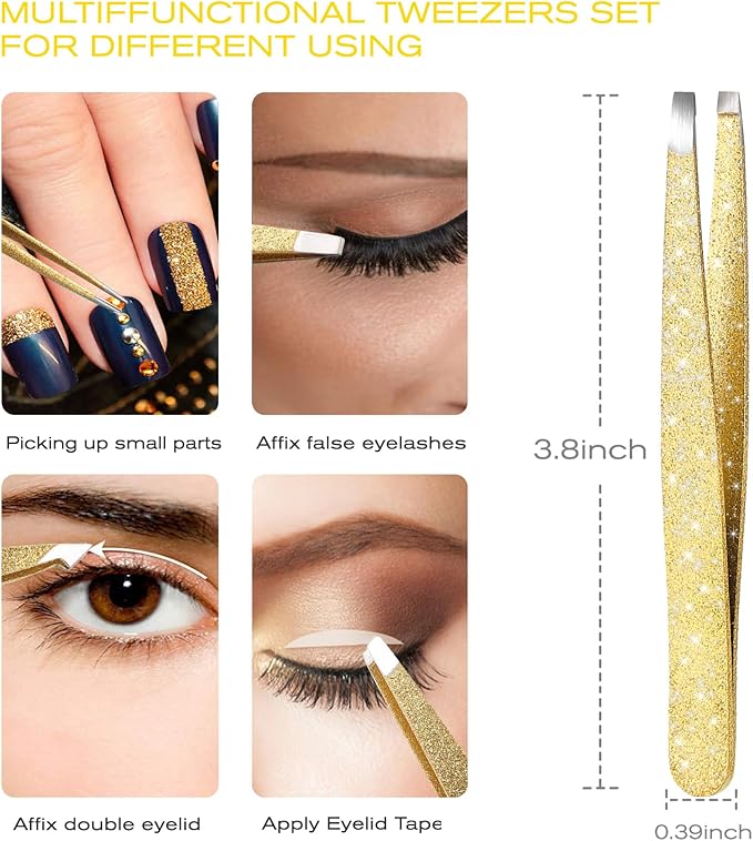 4-Pcs Glitter Stainless Steel Precision Tweezer Set for Eyebrows, Ingrown Hair & Lash Extensions (Gold)