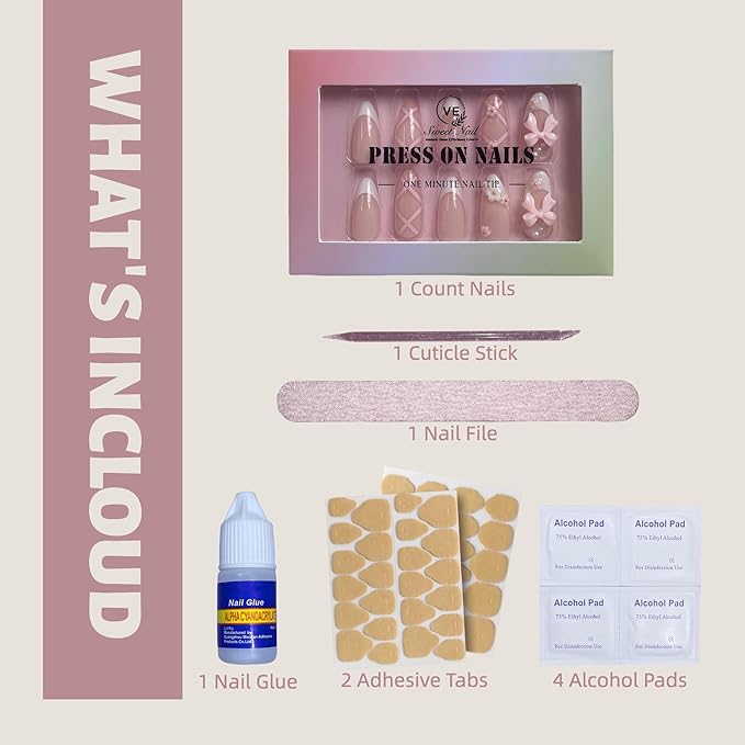 24PCS Blush Pink French Almond Press-On Nails – Medium Length Fake Nails with 3D Bow & Flower Design, Soft Back & Durable Tip, Reusable Stick-On Nail Tips with Glue & Tools for Women