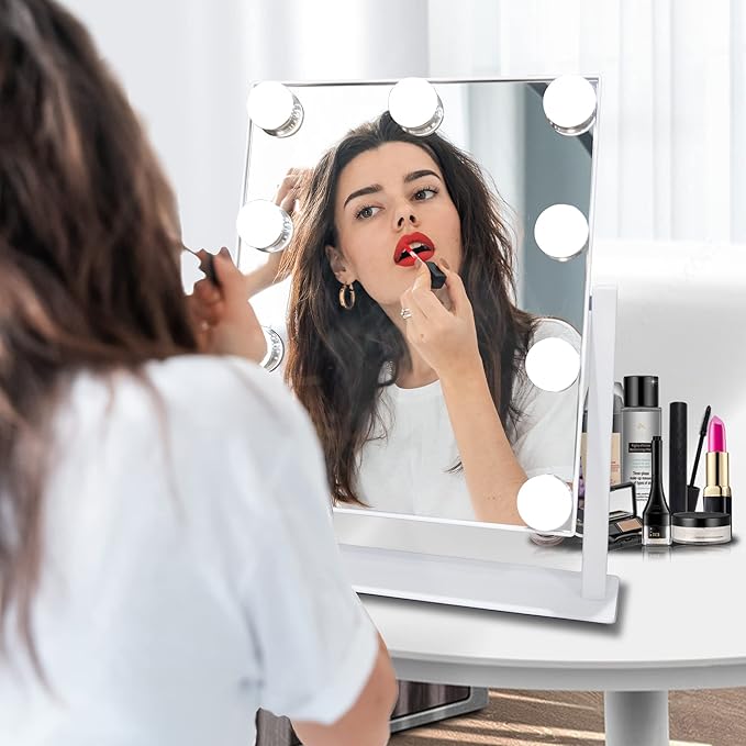 Hollywood Vanity Mirror with Lights, 9 Dimmable LED Bulbs Lighted Makeup Mirror with Detachable 10X Magnification Mirror, 1200mAh Rechargeable, 3 Color Lights, Gifts for Women Mom Teen Girls