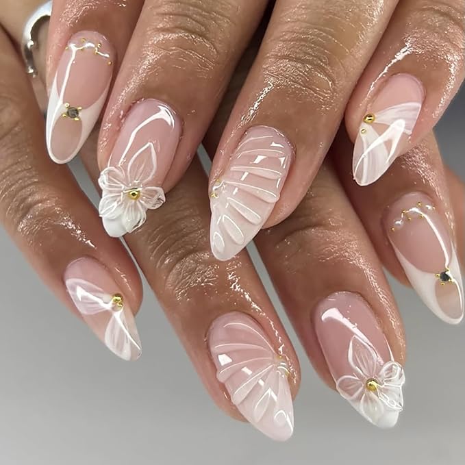 24Pcs White French Tip Press on Nails Medium Almond Fake Nails with Seashell Designs 3D Flower Acrylic Nails Gold Rhinestones Stick on Nails Summer False Nails Cute Ribbon Glue on Nails for Women