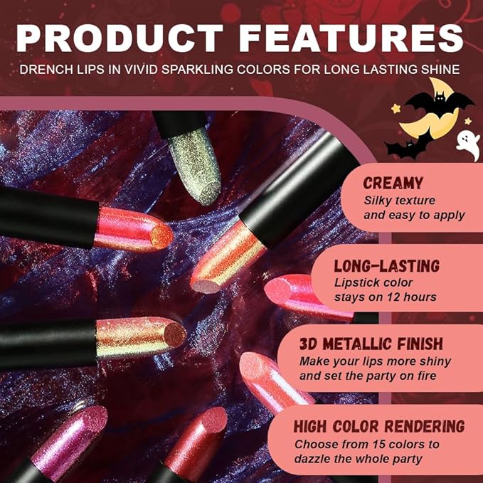 Kaely Glitter Metallic Lipstick, Shimmer Metallic Lipsticks for Women, High Pigmented Lip Gloss Long Lasting Waterproof Smudge Proof 24 Hour, Halloween Makeup, Vegan & Cruelty-Free, 13
