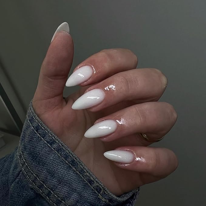 48Pcs White Press on Nails Almond Fake Nails Glue on Nails Medium Length Almond Shaped Nails Press ons, Stiletto Nails False Nails for Women, Medium Almond Nails, Thick Natural Acrylic Gel Nails