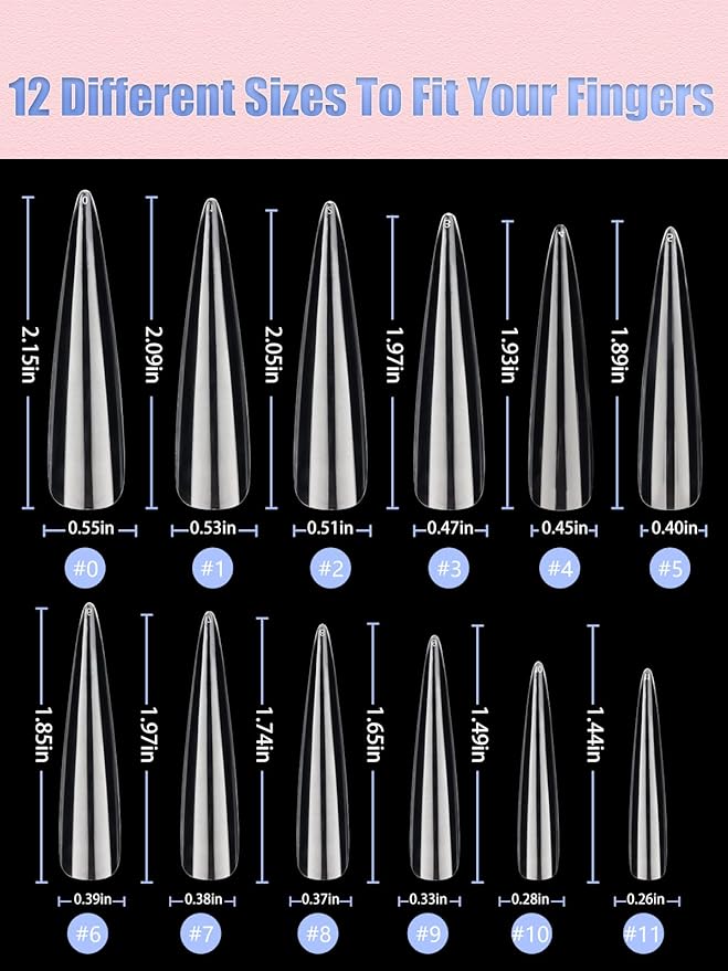 Clear Long Stiletto Nail Tips, 504PCS XXXL Extra Long Stiletto Fake Acrylic Nails, Full Cover Soft Gel C Curve Nail Tips False Nail Extension Tips for Manicure Salon DIY Nail Art 12 Sizes