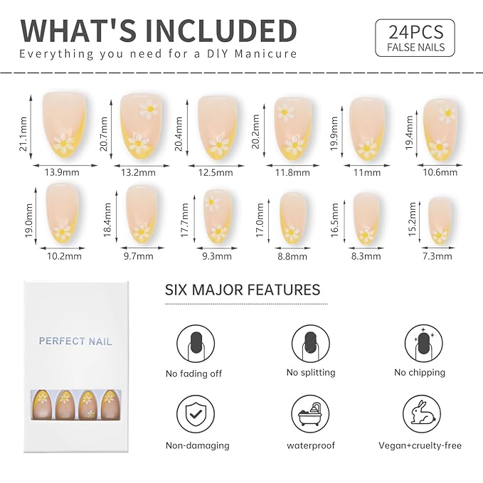 Yellow French Tip Press-On Nails with White Daisy Design, Almond Shape, Glossy Reusable Fake Nails, 24Pcs Full Cover Manicure Set