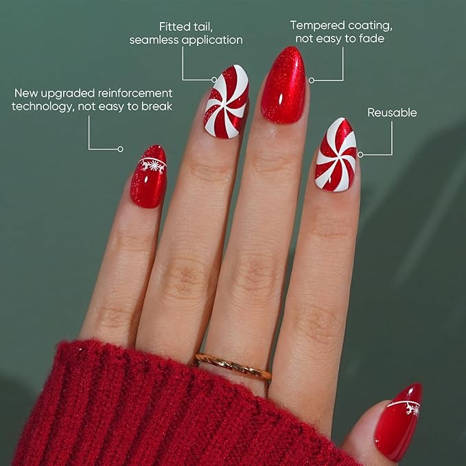 Christmas Press On Nails Almond - Jofay Fashion Red Cat Eye Press On Nails, Candy Elk Stick On Nails with Glue, Glossy Reusable Acrylic Artificia Nail Tips in 16 Sizes - 32 Soft Gel Fake Nails Kit