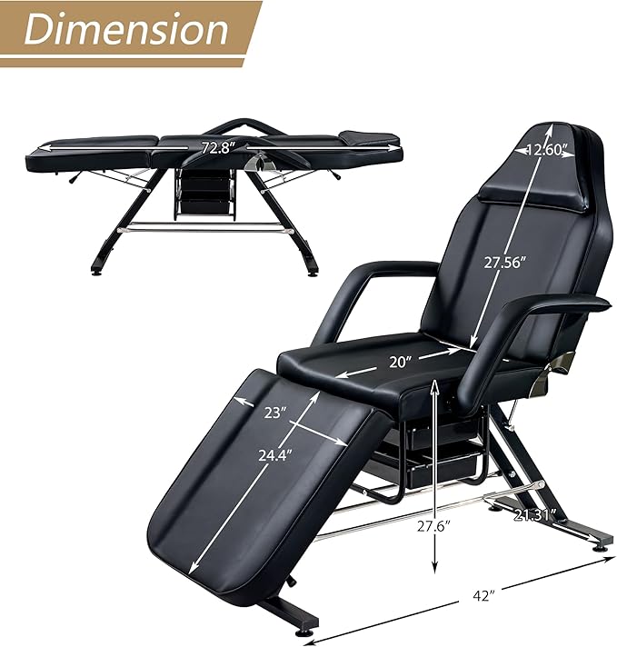 Tattoo Chair Massage Salon with Two Trays， Esthetician Bed with Hydraulic Stool,Multi-Purpose 3-Section Facial Bed Table, Adjustable Beauty Barber Spa Beauty Equipment Black