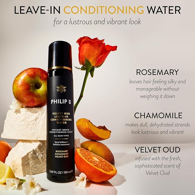 PHILIP B. Velvet Oud Leave-in Conditioning Water, 5.07 Fl. Oz. (150 ml) - Instant Shine and Conditioning Spray With Rosemary and Chamomile