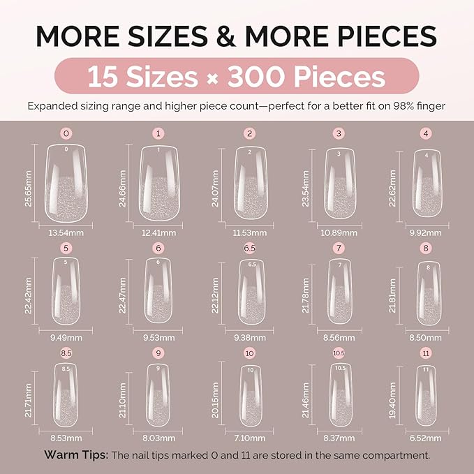 MelodySusie Medium Square X Nail Tips - 300Pcs Clear Acrylic, Half Matte Full Cover Press on Nails for DIY Extension & Salon Use, 15 Sizes Pre-Shaped for Long-Lasting Manicure