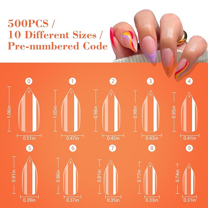 Short Stiletto Nail Tips, 500PCS Gel Tips for Acrylic Nails Professional, Clear Short Amlond Acrylic Nails, Full Cover Nail Tips for Nail Extension for DIY Home Salons, 10 Sizes with Box