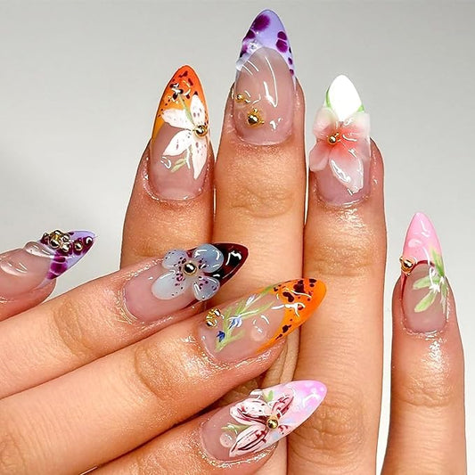24Pcs Autumn Flower Press on Nails Medium Almond French Tip Fake Nails with 3D Flowers Gold Beads Glue on Nail Fall Floral Leaf False Nails Nude Acrylic Nail Tips Full Cover Stick on Nails for Women