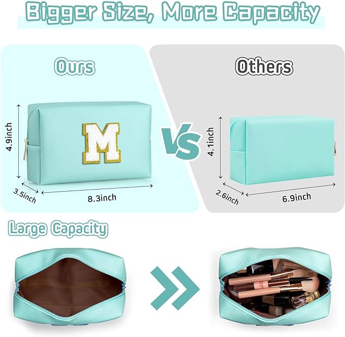 TOPEAST Initial Makeup Bags for Women, Personalized Portable Cosmetic Bag for Travel, Cute Makeup Pouch, PU Leather Waterproof Toiletry Bag, Preppy Things for Girl (Blue V)