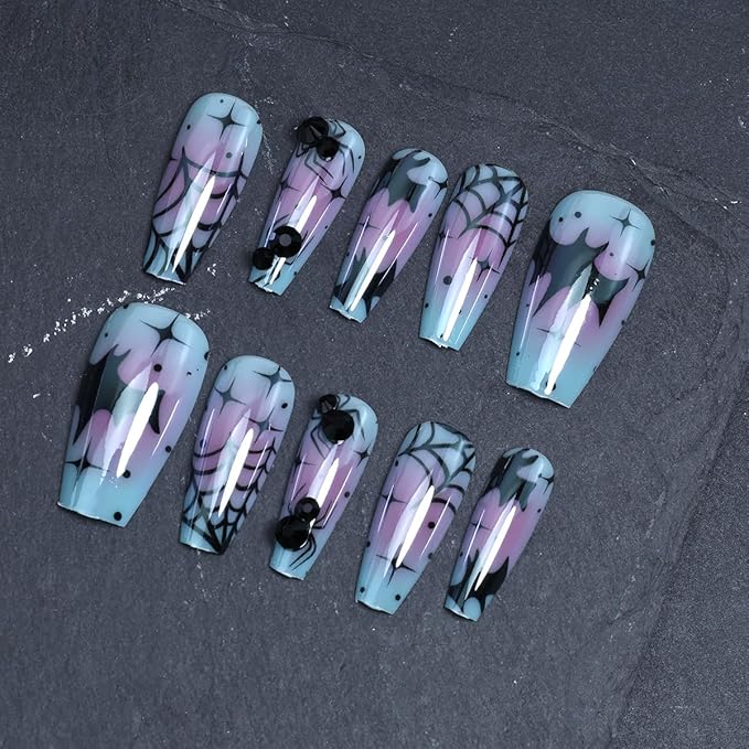 24Pcs Halloween Blue Gradient Press on Nails Medium Square Fake Nails with Black Spider Web Bat Design Star False Nails Full Cover Artificial Glue on Nail Gothic Halloween Stick on Nails for Women