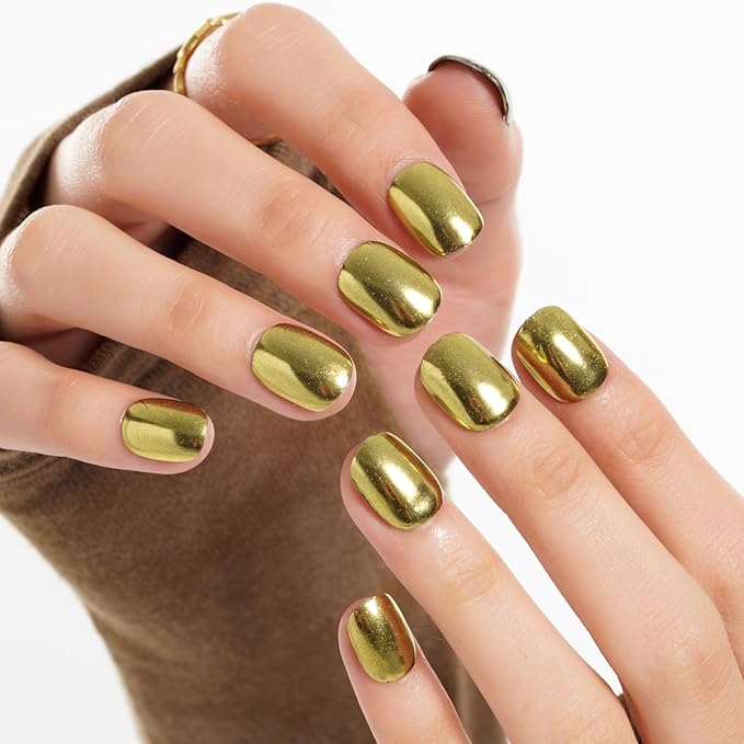GLAMERMAID Extra Short Press on Nails 24PCS, Handmade Golden Chrome Fall Gel Glue on Nails, Glossy Round Reusable UV Finish Fake Nails Acrylic False Nails Manicure Kits for Women