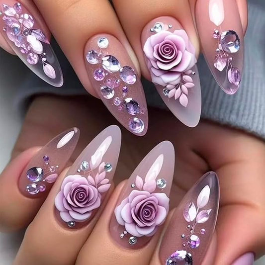 24Pcs Flower Press on Nails with Rhinestone Design False Nails Glossy Glue on Nails Purple Rose Acrylic Medium False Nails Flowers Stick on Nails for Women Nail Art Floral Finger Manicure Decorations
