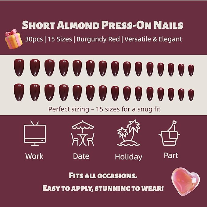 30PCS Short Almond Press-On Nails – Burgundy Fake Nails with 15 Sizes, Soft Back Edge & Durable Tip, No Measuring Needed, Reusable Stick-On Nail Tips for Women