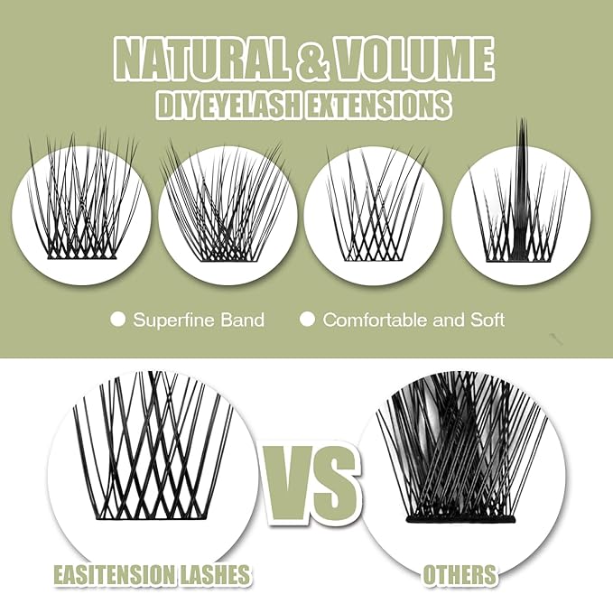 DIY Eyelash Extension, 3D Effect Glue Bonded Band Individual Lash 48 Clusters Volume Lashes Set, Home Eyelash Extension, C curl Lashes Pack 10MM-Natural-48 Clusters