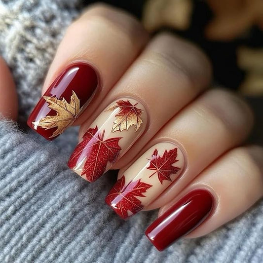 Thanksgiving Medium Square False Nails Maple Leaf Press on Nails Fall Leaves Stick on Fingernails Autumn Gel Glue on Nail 24Pcs Glossy Red Acrylic Fake Nail for Coquette Women Girls