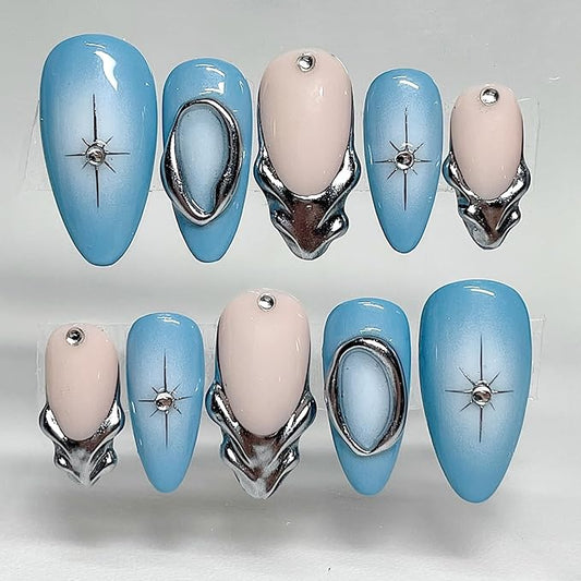 24Pcs Silver French Tip Press on Nails Medium Almond Fake Nails Star with Rhinestones Glitter Designs Artificial Blue Full Cover Acrylic Glue on Nails Y2K False Nails for Women Daily Wear Decorations