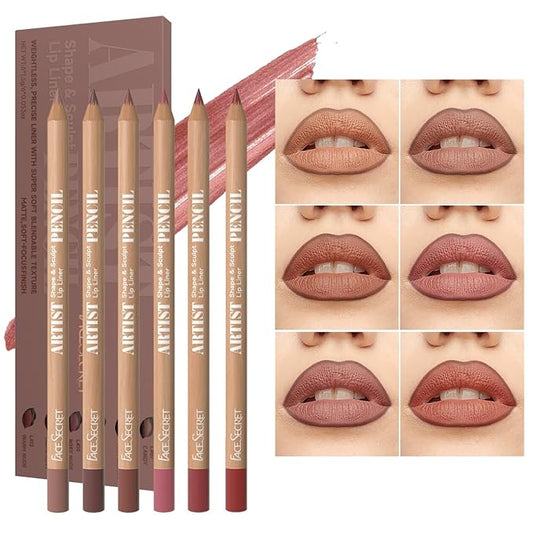 Beauty Glazed 6pcs Nude Brown Lip Liner Makeup Set - Waterproof & Smudge-Proof Matte Pencil, Long-Lasting & Durable, Smooth & Easy Glide, Non-Smudge, Contouring, Filling & Layering (NUDE-PINK Set)
