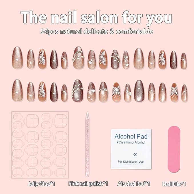24Pcs Pearl Chains Press on Nails Medium Almond Fake Nails with Silver Rhinestone Beads Butterfly Design Pink Glue on Nails Glossy Artificial Acrylic Nails Full Cover Stick on Nail for Women Manicure