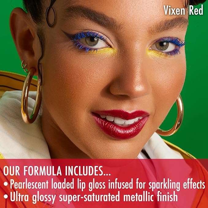 Black Radiance Cross Colours Metallic Liquid Lip, Moisture-Rich Ultra Glossy Finish, Pigment-Loaded Formula with Micro Glitter, Soft Paddle Applicator, Cruelty-Free - Vixen Red