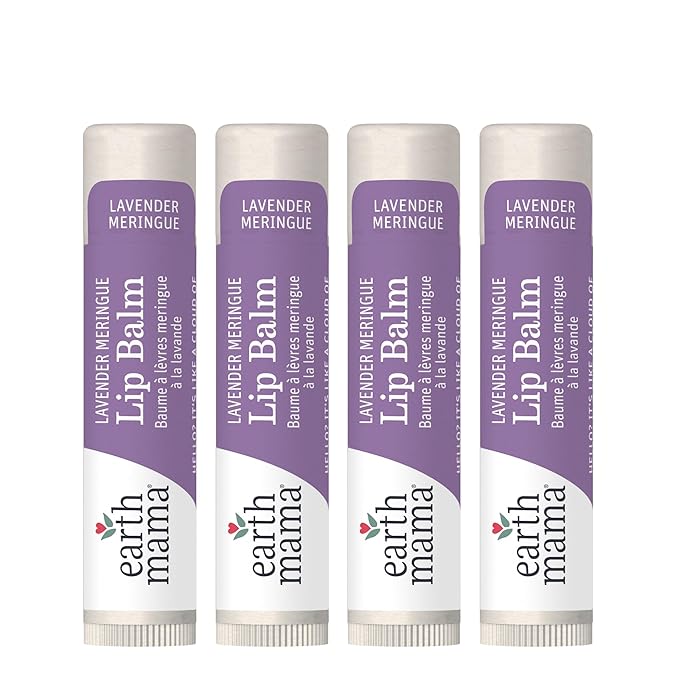 Earth Mama Lip Balm Set | Lavender Meringue 4-Pack | Lip Moisturizer with Organic Lavender Oil for Sensitive Skin