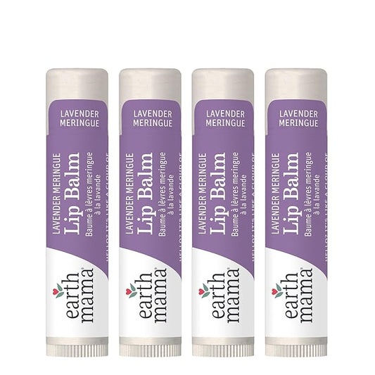 Earth Mama Lip Balm Set | Lavender Meringue 4-Pack | Lip Moisturizer with Organic Lavender Oil for Sensitive Skin
