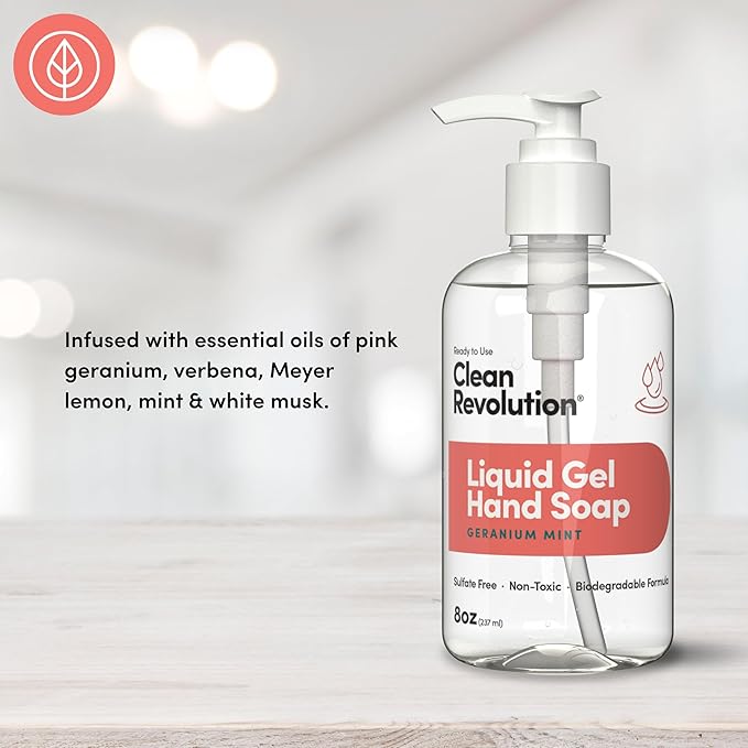 Clean Revolution Liquid Gel Hand Soap, Silky Rich Liquid, Quick Lather, Fast Rinsing, Contains Real Essential Oils (Geranium Mint) 8 Fl Oz