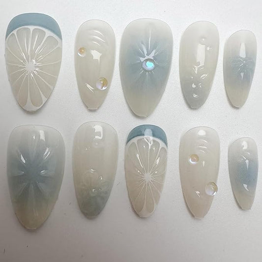 24Pcs Bow Press on Nails Medium Almond Fake Nails with 3D Rhinestones Fruit Flower Design Blue White Gradient Acrylic False Nails Summer French Tip Glue on Nails for Women Manicure Decor