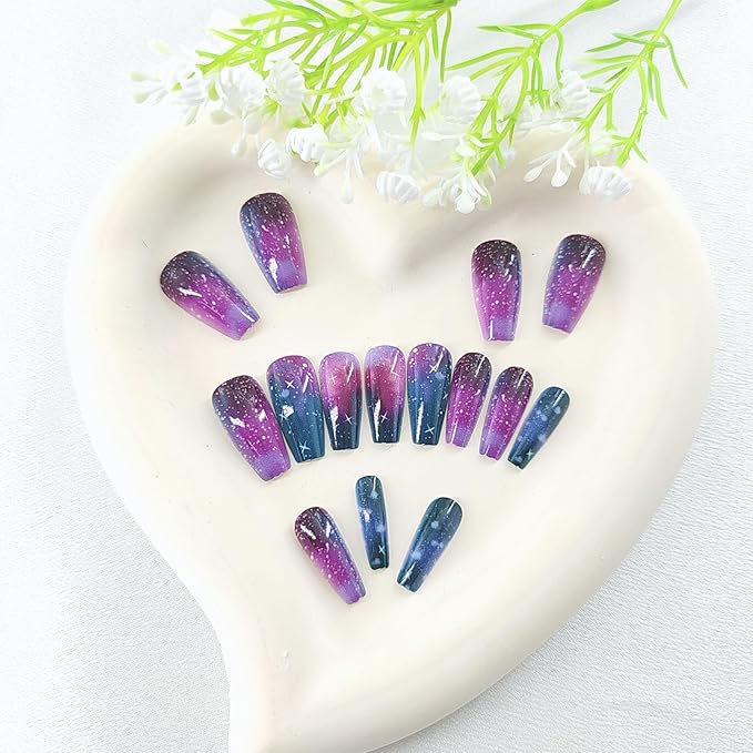 Coffin Press on Nails for Women Fake Nails Starlit Sky Nail Press ons Purple Dark Blue Acrylic Glue on Nails Medium with Star Gradient Designs Glossy Stick on Nails 24Pcs Artificial Girls Art Manicure